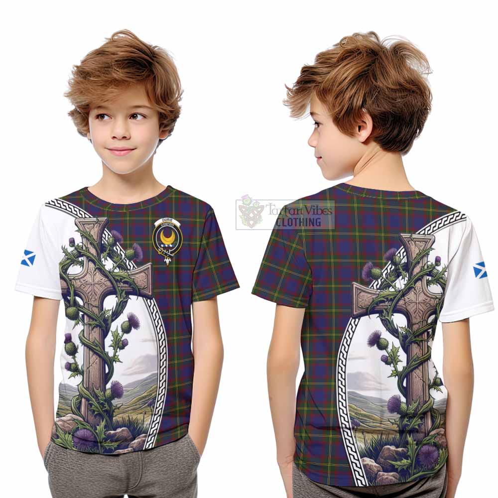 Tartan Vibes Clothing Durie Tartan Kid T-Shirt with Family Crest and St. Andrew's Cross Accented by Thistle Vines