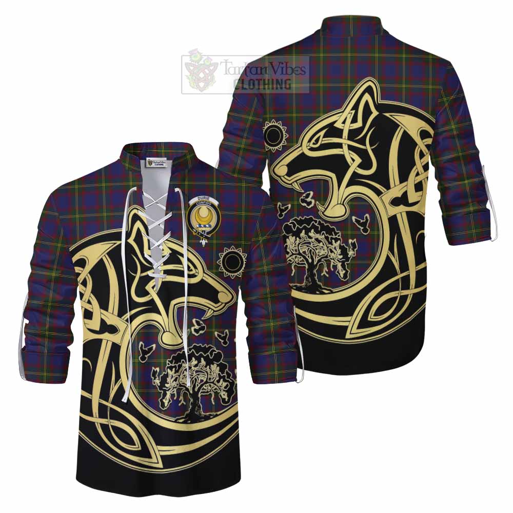 Tartan Vibes Clothing Durie Tartan Ghillie Kilt Shirt with Family Crest Celtic Wolf Style