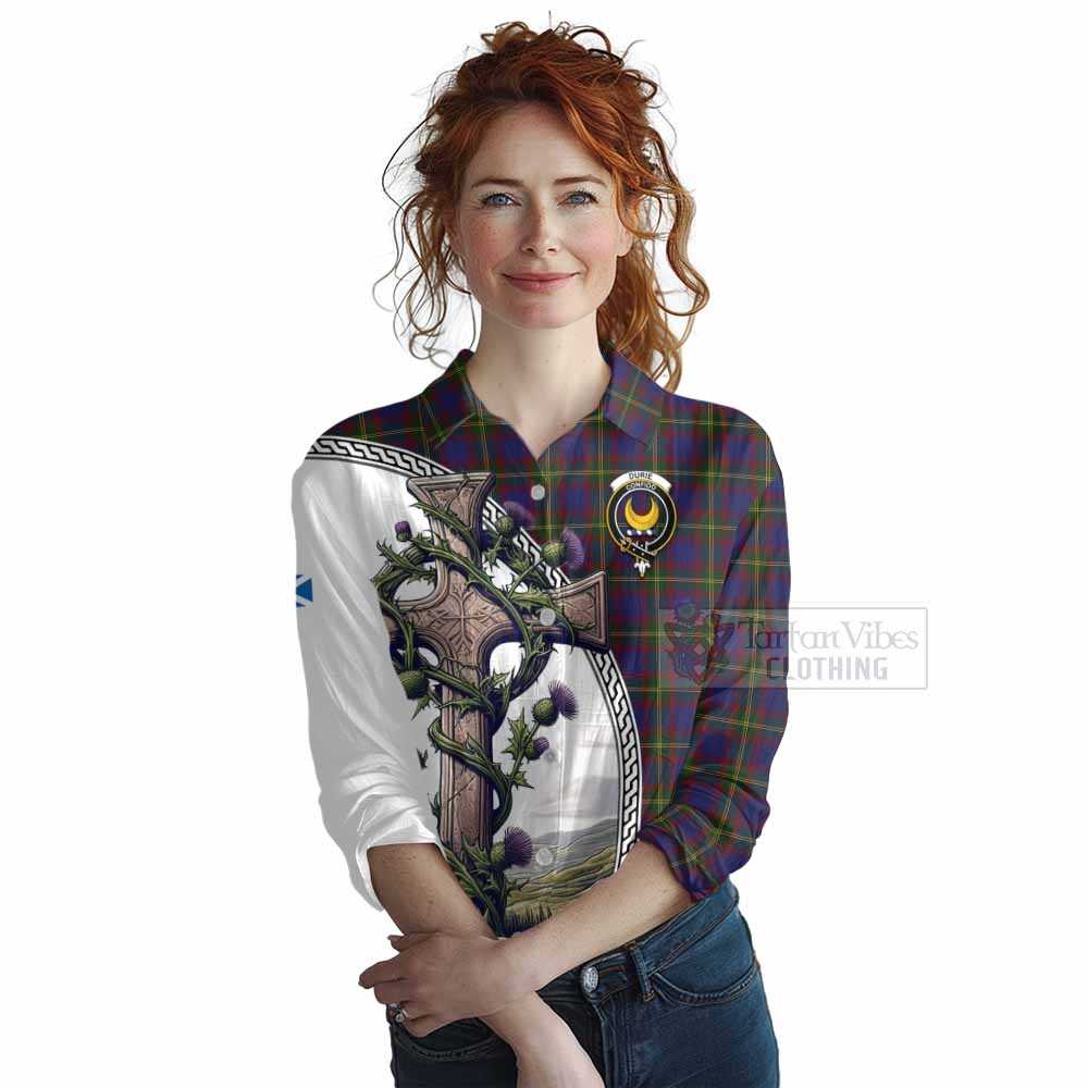 Tartan Vibes Clothing Durie Tartan Women's Casual Shirt with Family Crest and St. Andrew's Cross Accented by Thistle Vines