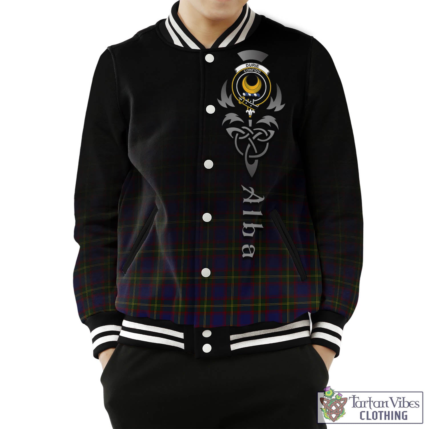 Tartan Vibes Clothing Durie Tartan Baseball Jacket Featuring Alba Gu Brath Family Crest Celtic Inspired