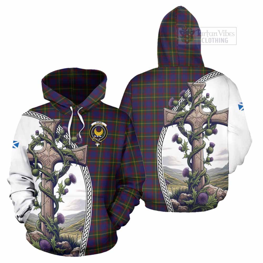 Tartan Vibes Clothing Durie Tartan Hoodie with Family Crest and St. Andrew's Cross Accented by Thistle Vines