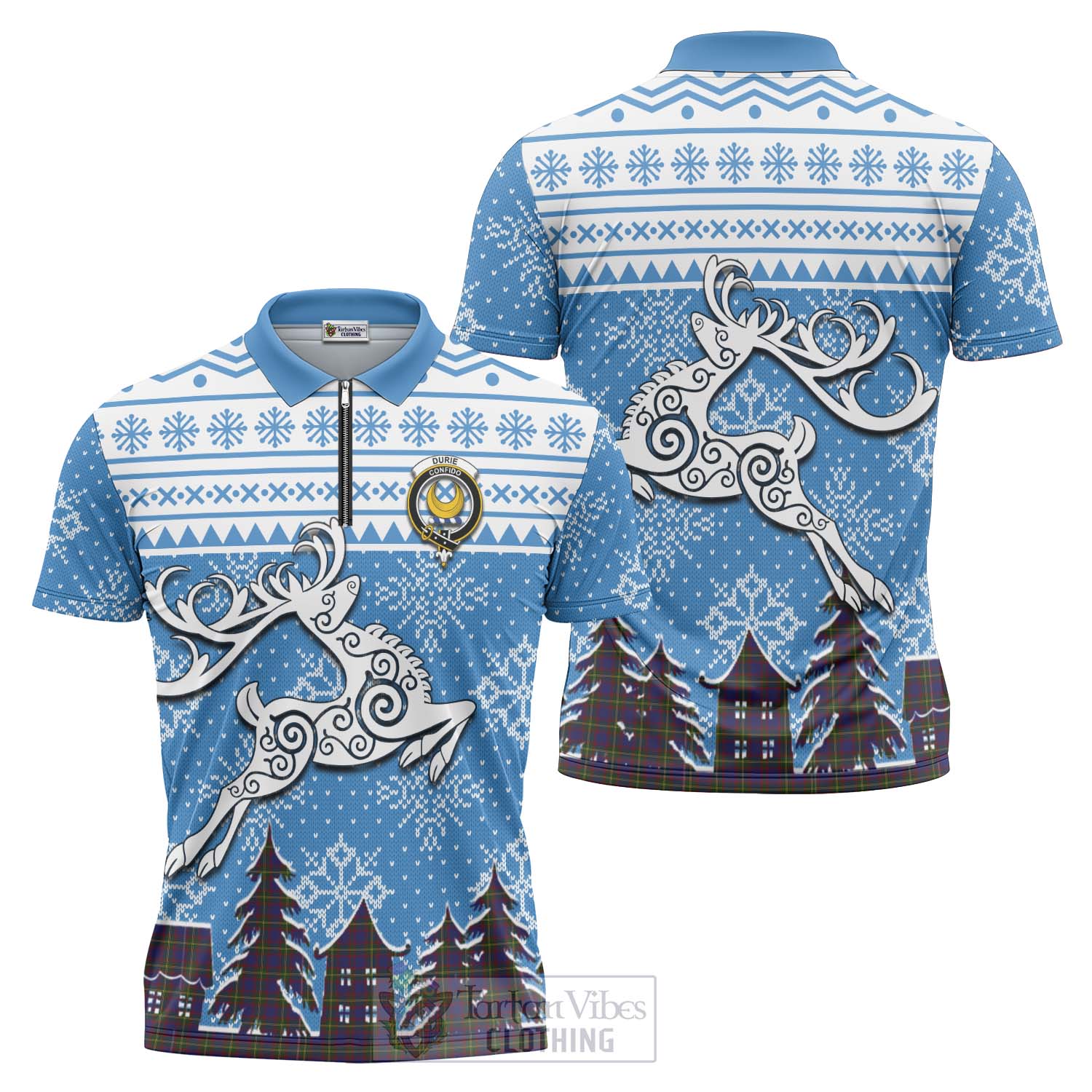 Tartan Vibes Clothing Durie Clan Christmas Zipper Polo Shirt Celtic Reindeer Style