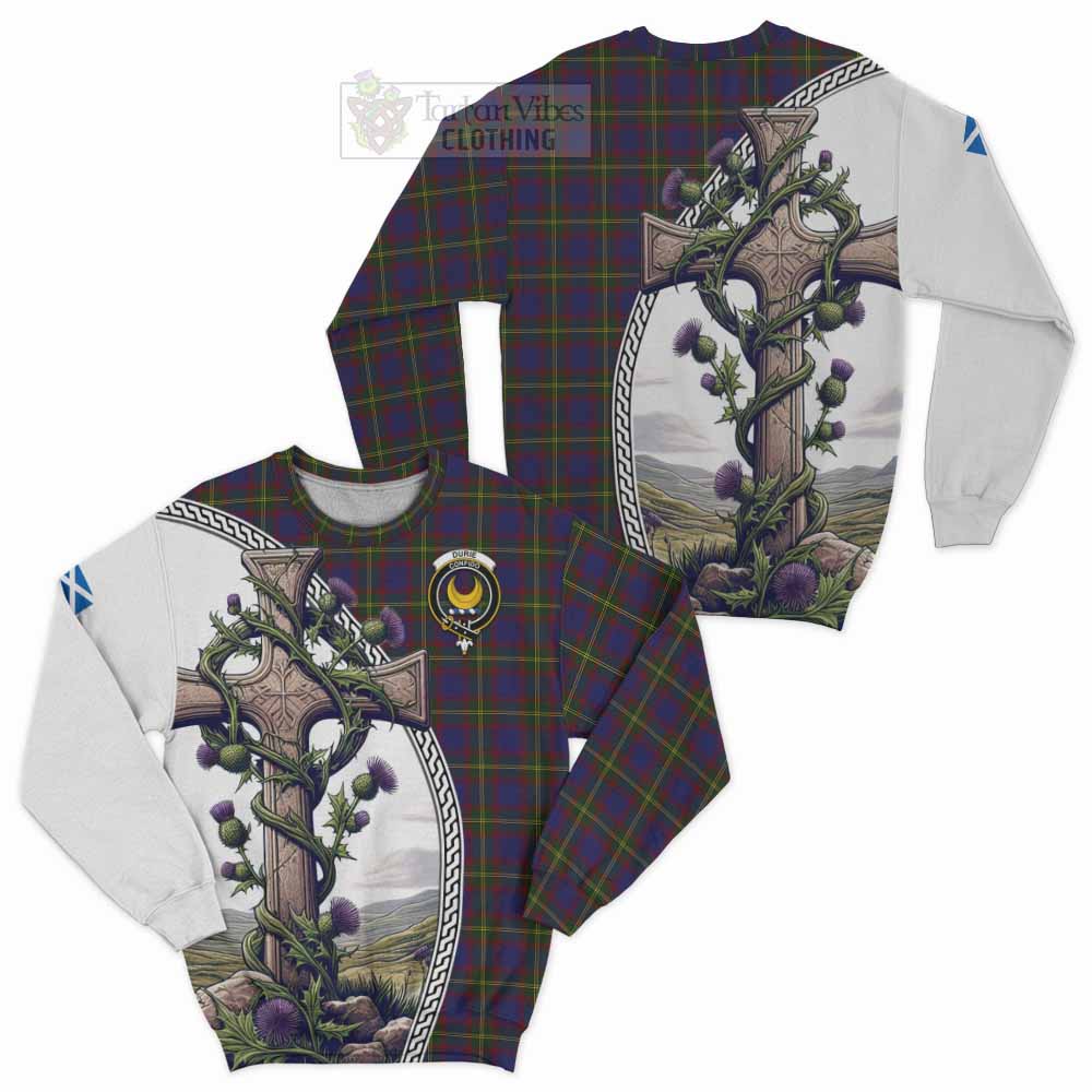 Tartan Vibes Clothing Durie Tartan Sweatshirt with Family Crest and St. Andrew's Cross Accented by Thistle Vines