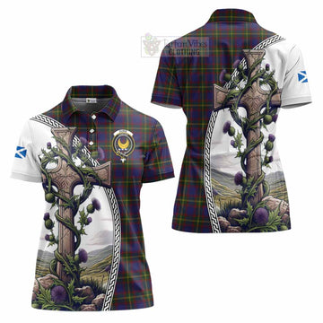 Durie Tartan Women's Polo Shirt with Family Crest and St. Andrew's Cross Accented by Thistle Vines