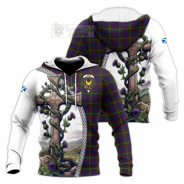 Durie Tartan Knitted Hoodie with Family Crest and St. Andrew's Cross Accented by Thistle Vines