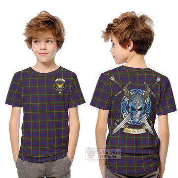 Durie Tartan Kid T-Shirt with Family Crest Celtic Skull Style