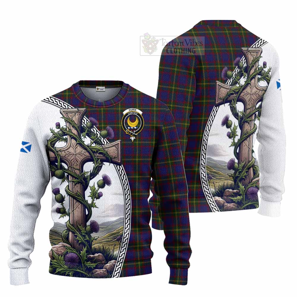 Tartan Vibes Clothing Durie Tartan Knitted Sweater with Family Crest and St. Andrew's Cross Accented by Thistle Vines