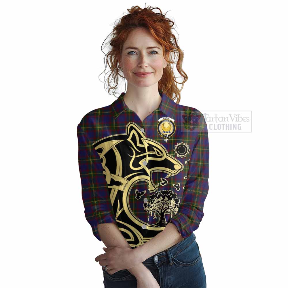 Tartan Vibes Clothing Durie Tartan Women's Casual Shirt with Family Crest Celtic Wolf Style