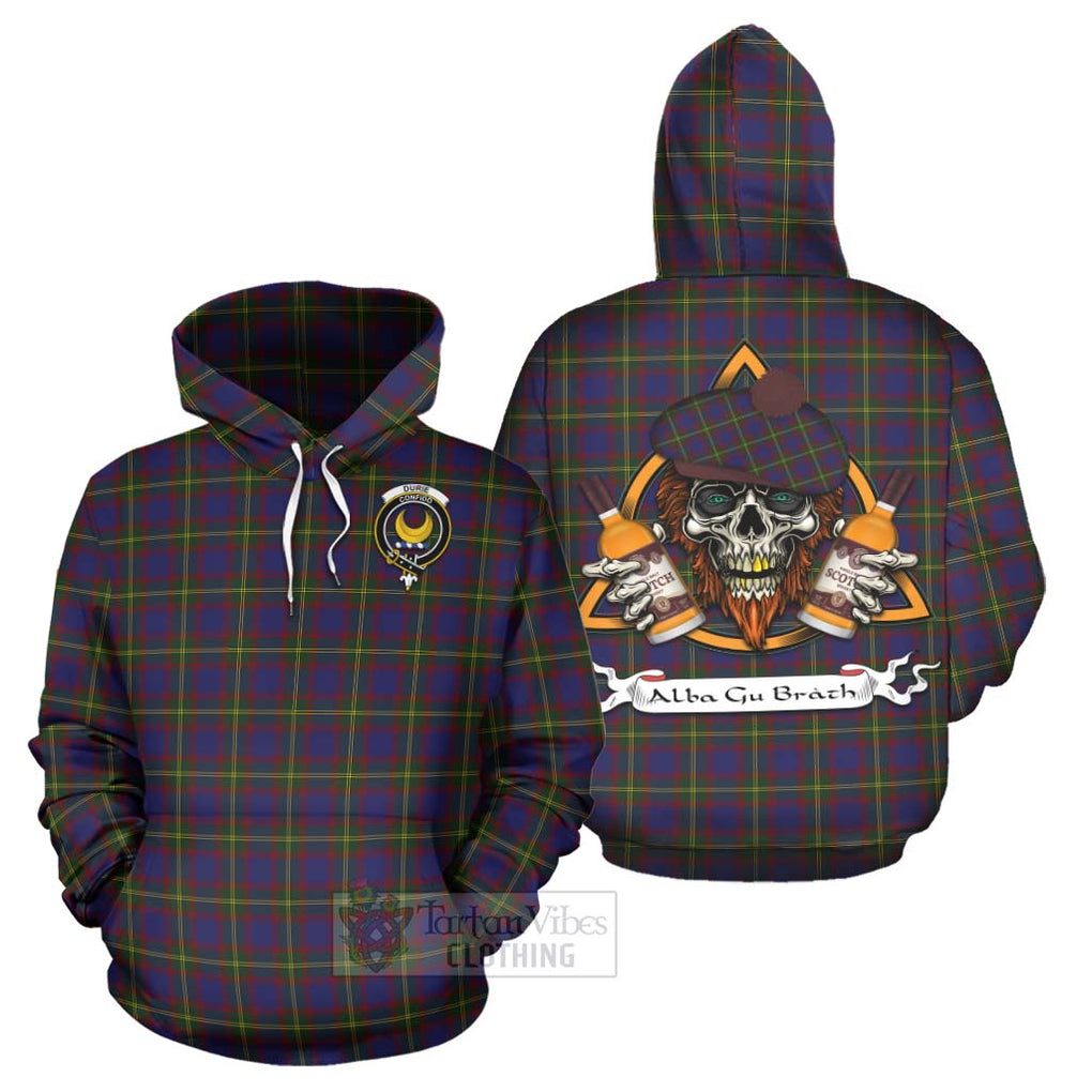 Tartan Vibes Clothing Durie Tartan Hoodie with Family Crest and Bearded Skull Holding Bottles of Whiskey