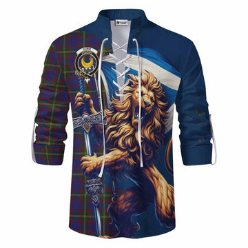 Durie Tartan Family Crest Ghillie Kilt Shirt with Scottish Majestic Lion