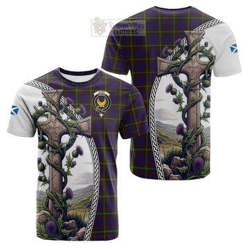 Durie Tartan Cotton T-shirt with Family Crest and St. Andrew's Cross Accented by Thistle Vines