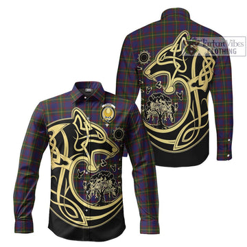 Durie Tartan Long Sleeve Button Shirt with Family Crest Celtic Wolf Style