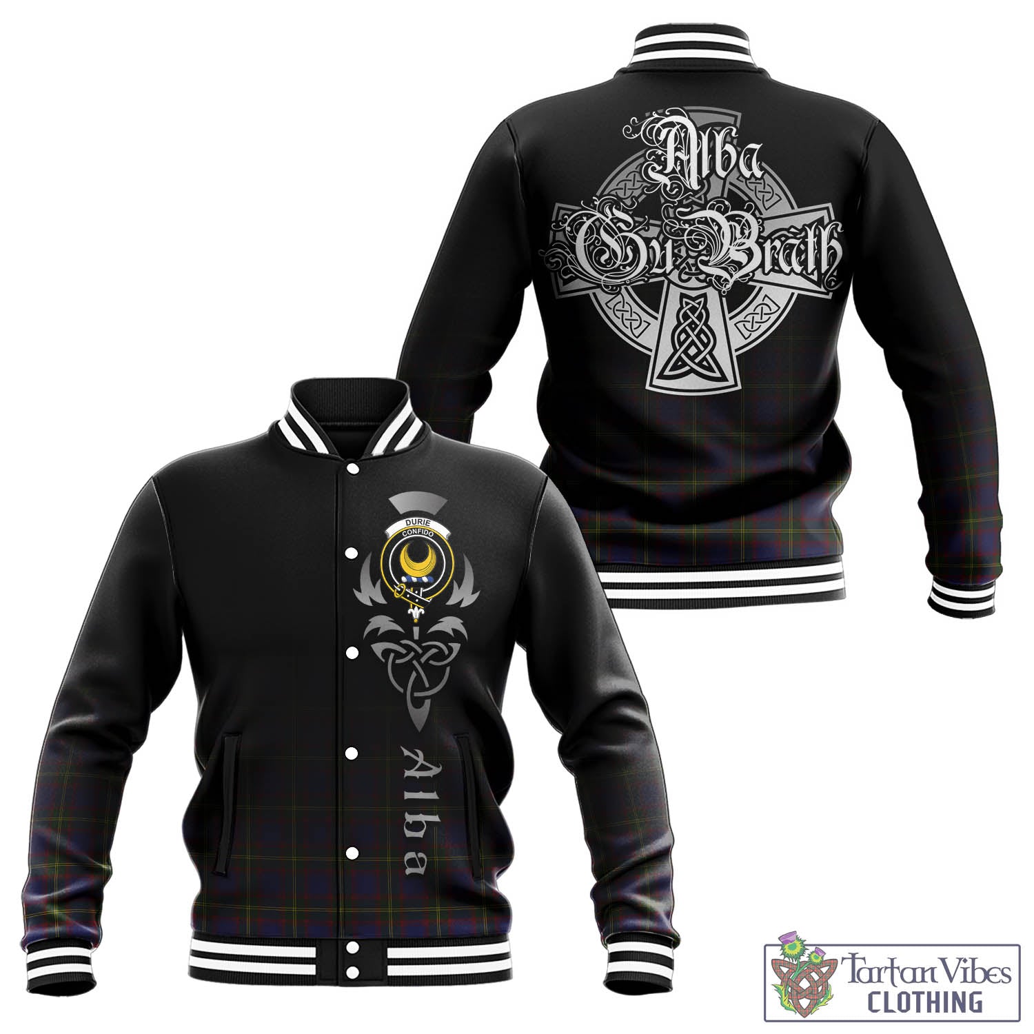 Tartan Vibes Clothing Durie Tartan Baseball Jacket Featuring Alba Gu Brath Family Crest Celtic Inspired