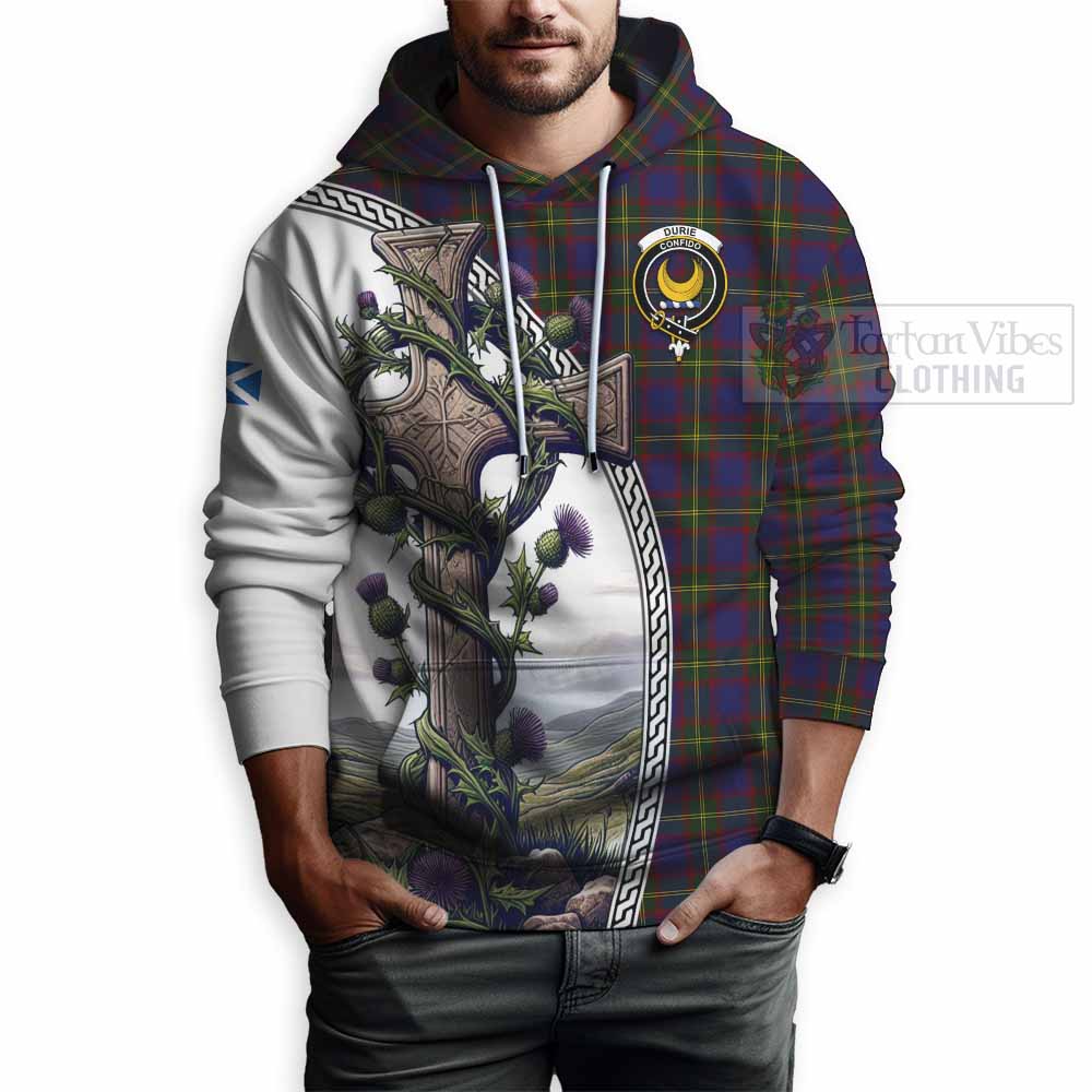 Tartan Vibes Clothing Durie Tartan Hoodie with Family Crest and St. Andrew's Cross Accented by Thistle Vines