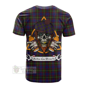 Durie Tartan Cotton T-shirt with Family Crest and Bearded Skull Holding Bottles of Whiskey