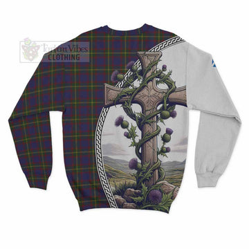 Durie Tartan Sweatshirt with Family Crest and St. Andrew's Cross Accented by Thistle Vines