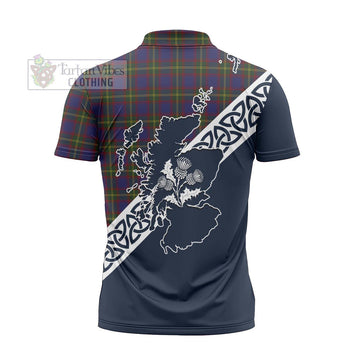 Durie Tartan Zipper Polo Shirt Featuring Thistle and Scotland Map