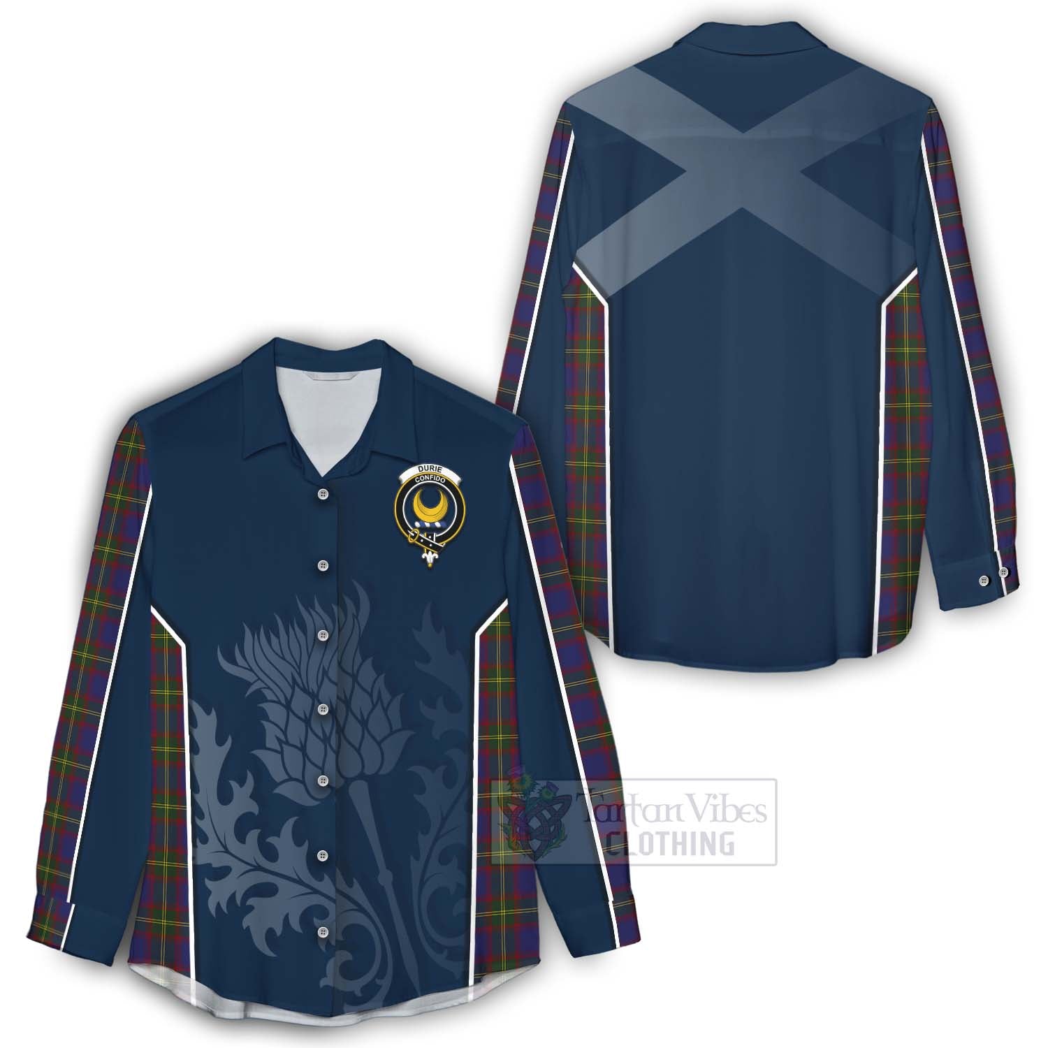 Tartan Vibes Clothing Durie Tartan Women's Casual Shirt with Family Crest and Scottish Thistle Vibes Sport Style