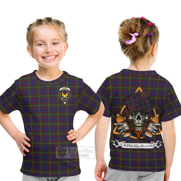 Durie Tartan Kid T-Shirt with Family Crest and Bearded Skull Holding Bottles of Whiskey