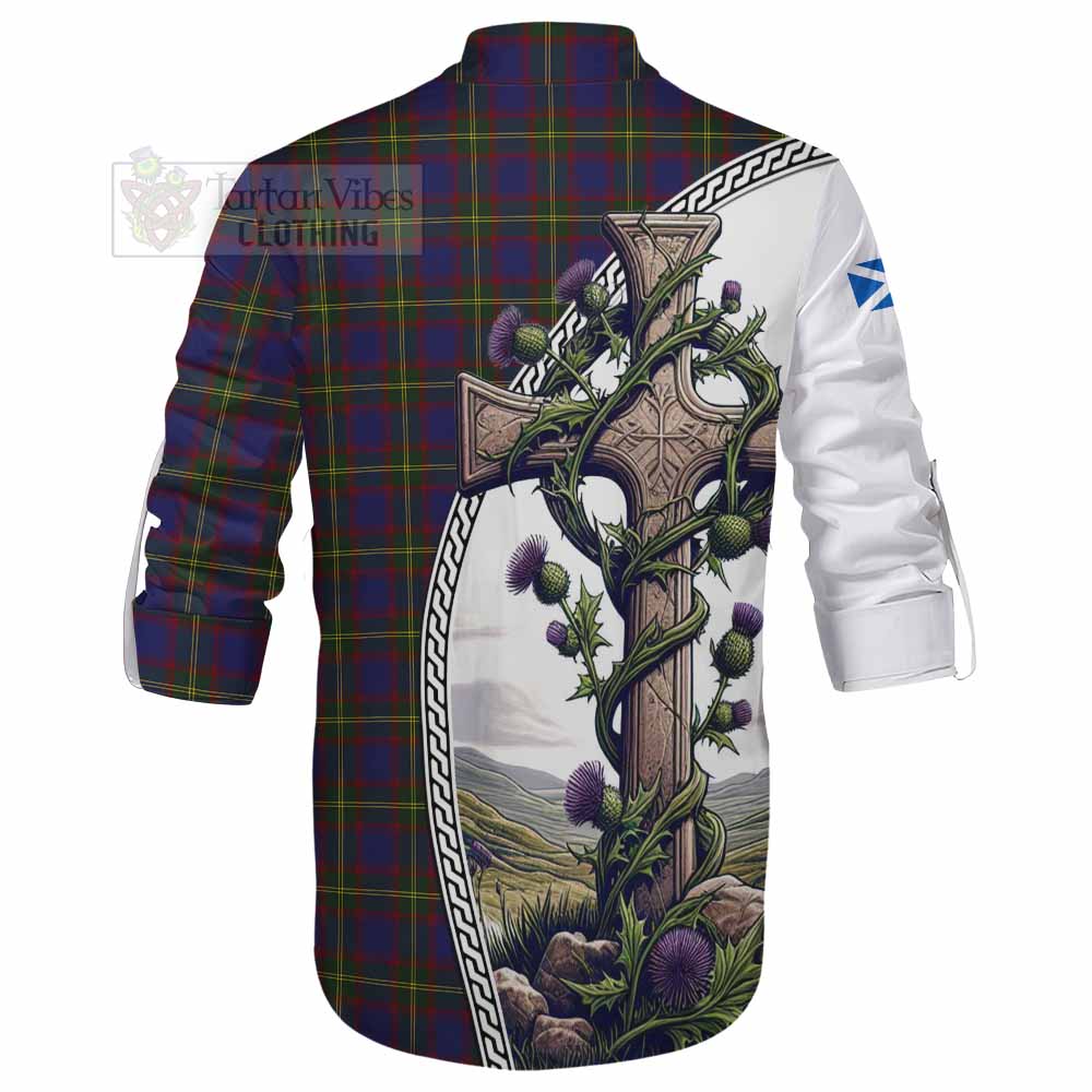 Tartan Vibes Clothing Durie Tartan Ghillie Kilt Shirt with Family Crest and St. Andrew's Cross Accented by Thistle Vines