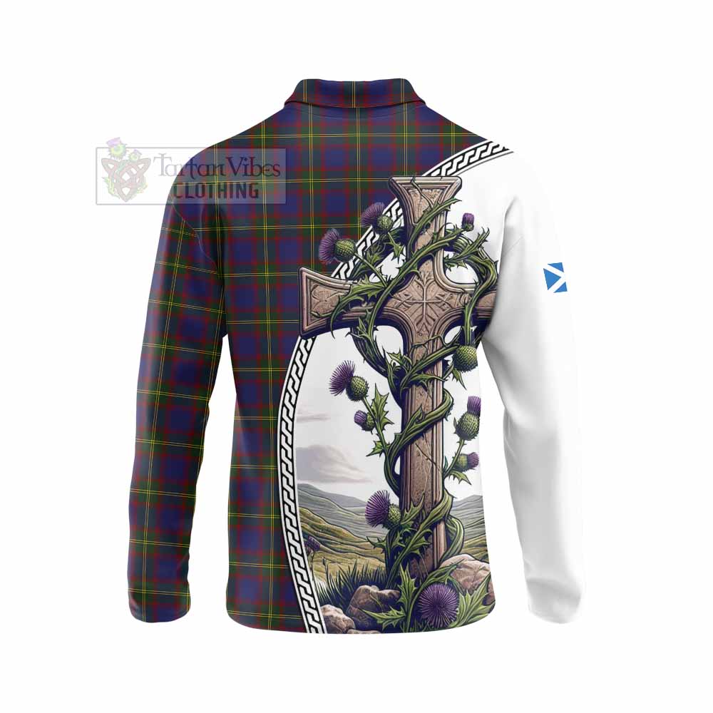 Tartan Vibes Clothing Durie Tartan Long Sleeve Polo Shirt with Family Crest and St. Andrew's Cross Accented by Thistle Vines