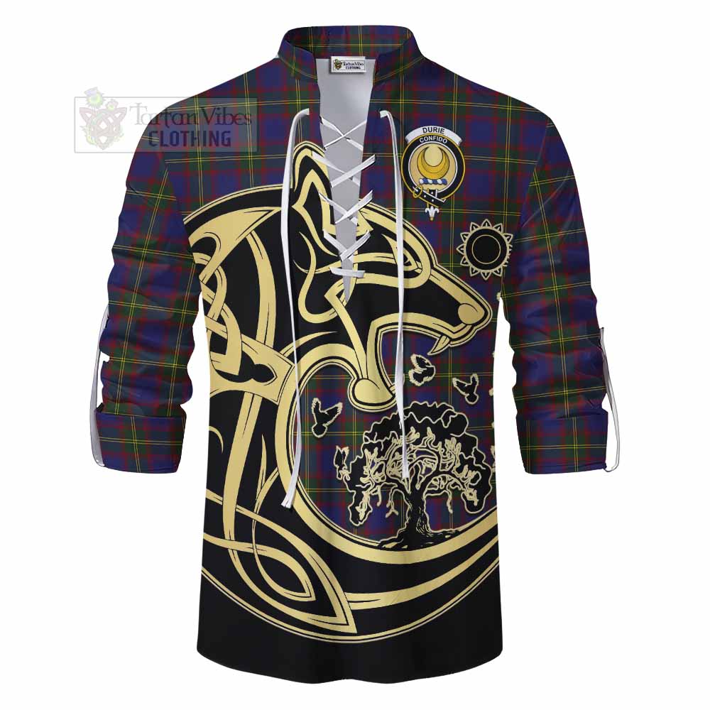 Tartan Vibes Clothing Durie Tartan Ghillie Kilt Shirt with Family Crest Celtic Wolf Style