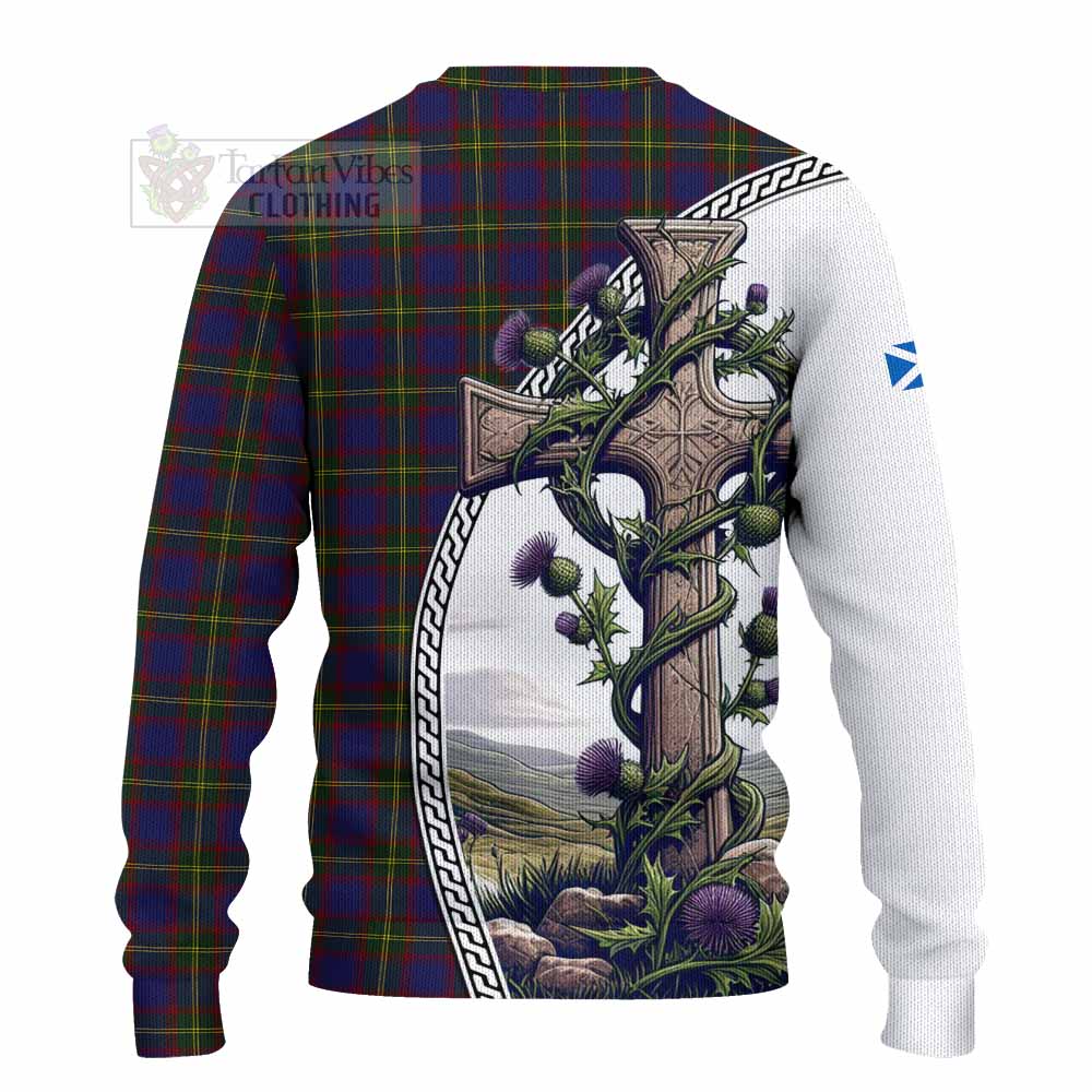 Tartan Vibes Clothing Durie Tartan Knitted Sweater with Family Crest and St. Andrew's Cross Accented by Thistle Vines