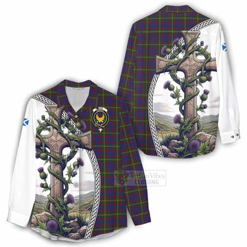 Durie Tartan Women's Casual Shirt with Family Crest and St. Andrew's Cross Accented by Thistle Vines