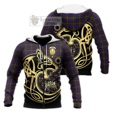 Durie Tartan Knitted Hoodie with Family Crest Celtic Wolf Style