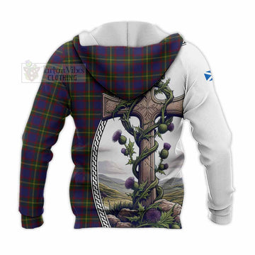 Durie Tartan Knitted Hoodie with Family Crest and St. Andrew's Cross Accented by Thistle Vines