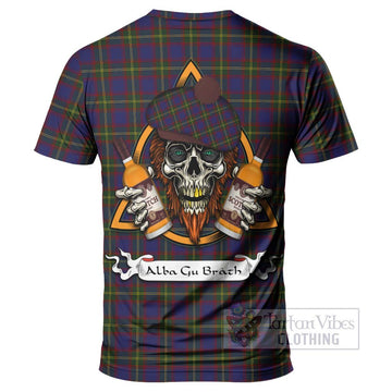 Durie Tartan T-Shirt with Family Crest and Bearded Skull Holding Bottles of Whiskey