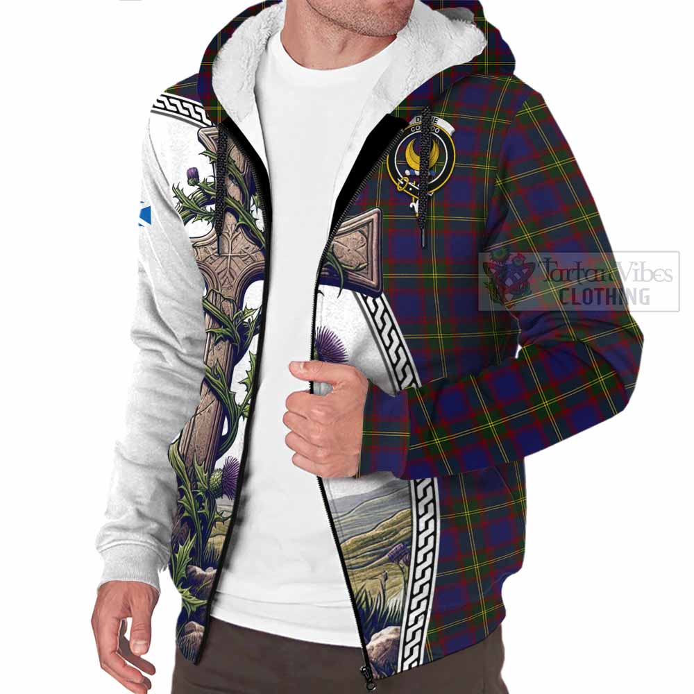 Tartan Vibes Clothing Durie Tartan Sherpa Hoodie with Family Crest and St. Andrew's Cross Accented by Thistle Vines