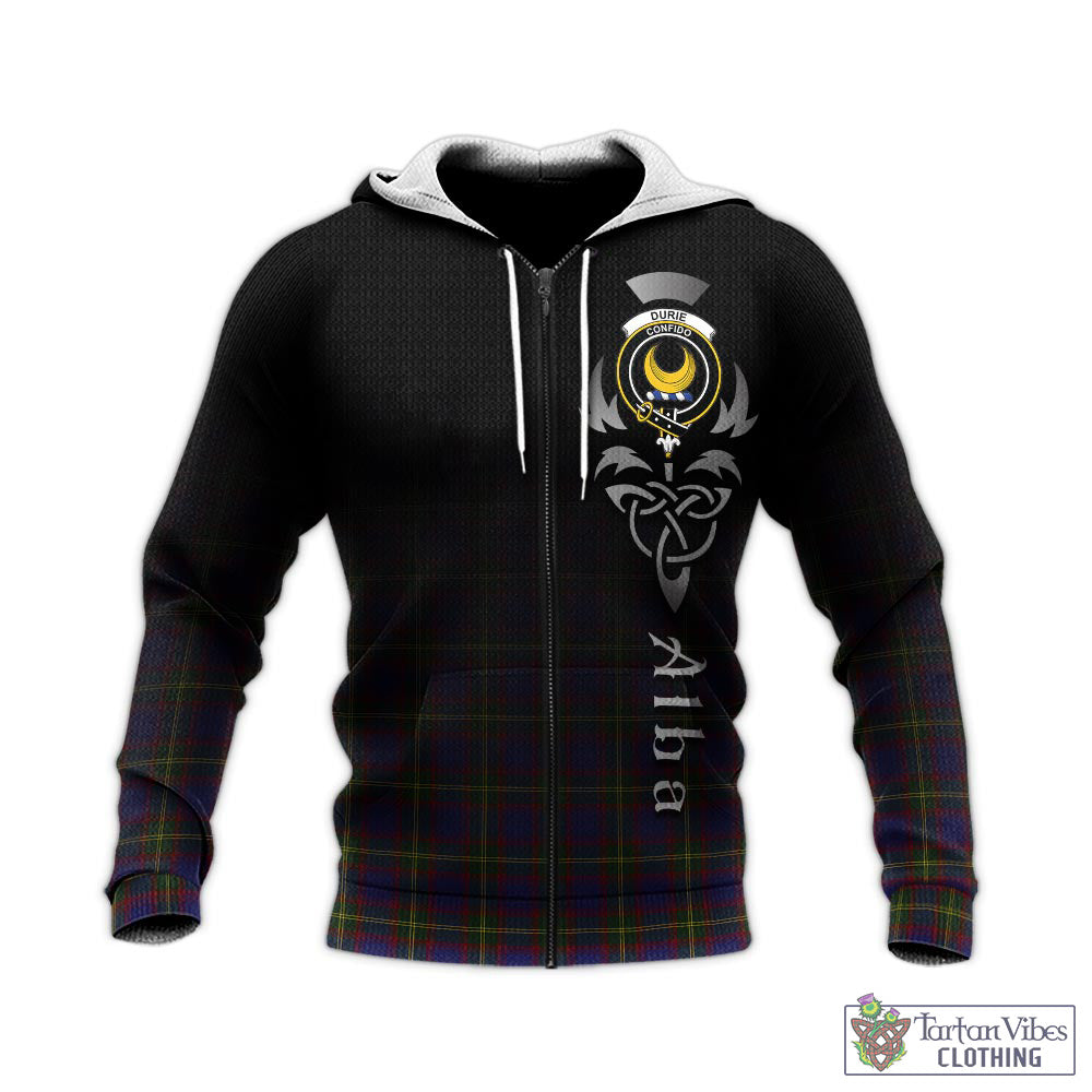 Tartan Vibes Clothing Durie Tartan Knitted Hoodie Featuring Alba Gu Brath Family Crest Celtic Inspired