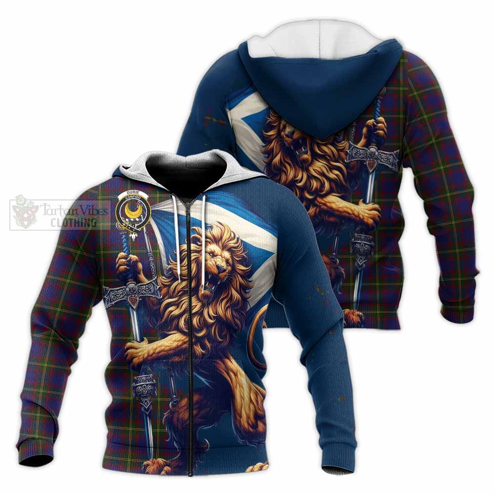 Tartan Vibes Clothing Durie Tartan Family Crest Knitted Hoodie with Scottish Majestic Lion