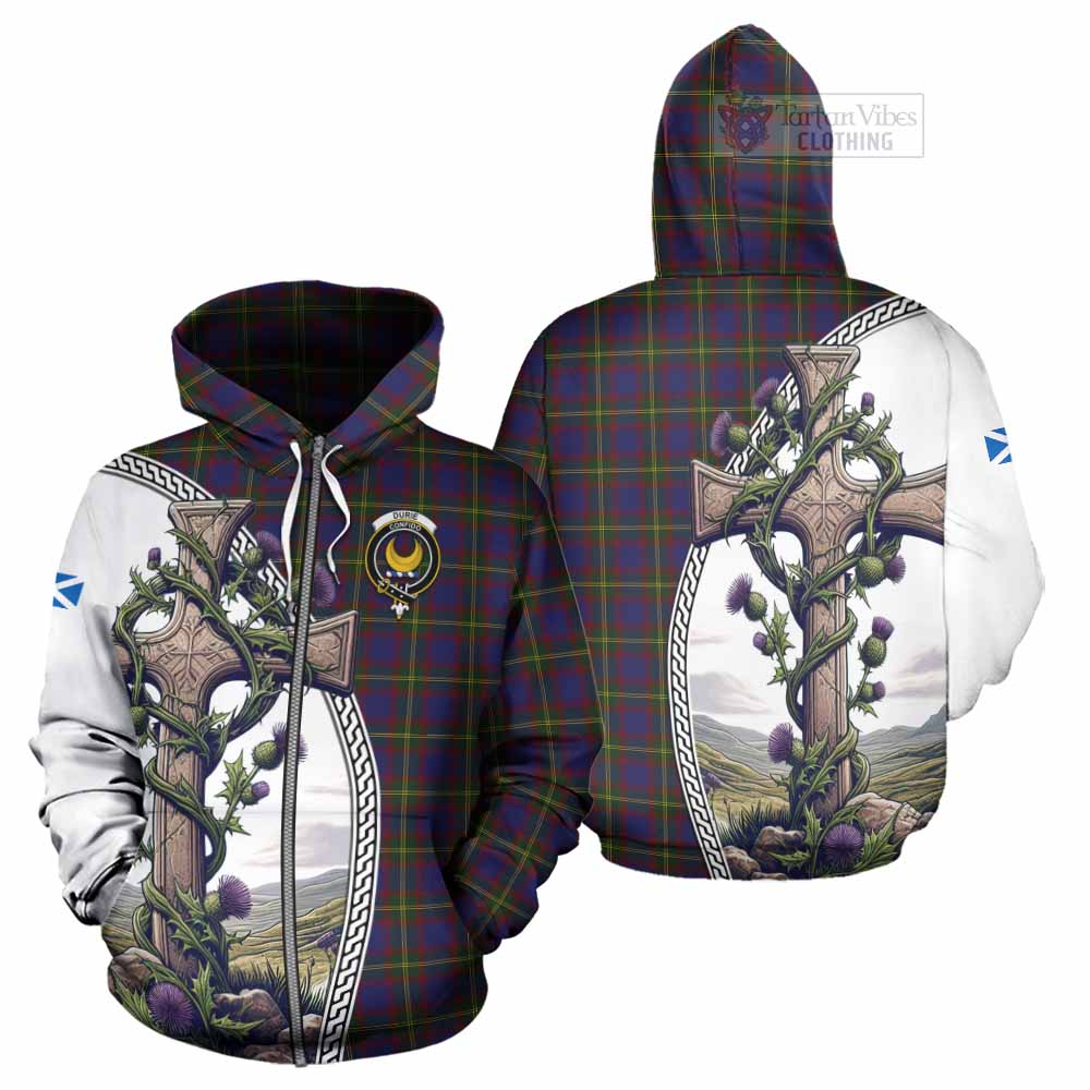 Tartan Vibes Clothing Durie Tartan Hoodie with Family Crest and St. Andrew's Cross Accented by Thistle Vines