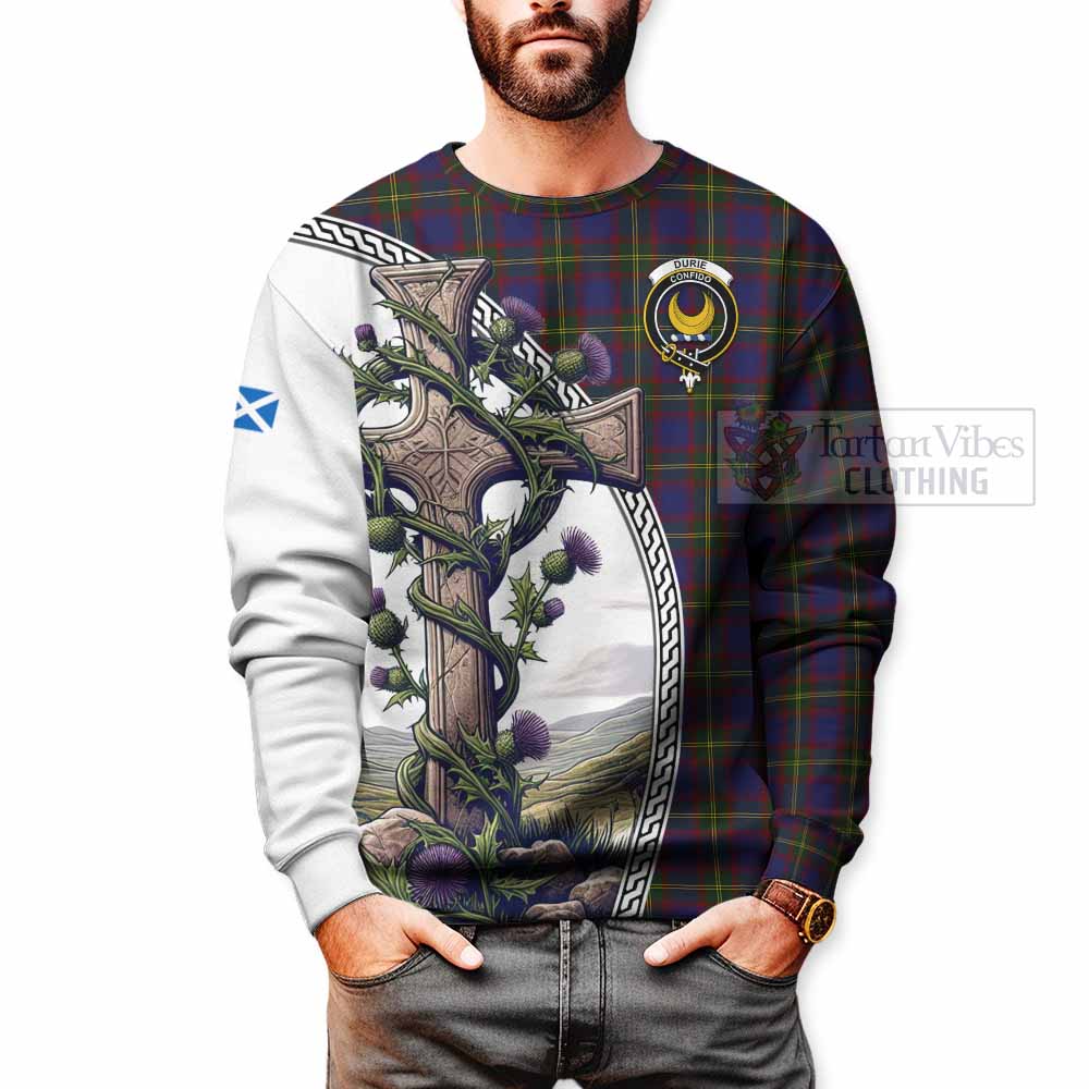 Tartan Vibes Clothing Durie Tartan Sweatshirt with Family Crest and St. Andrew's Cross Accented by Thistle Vines