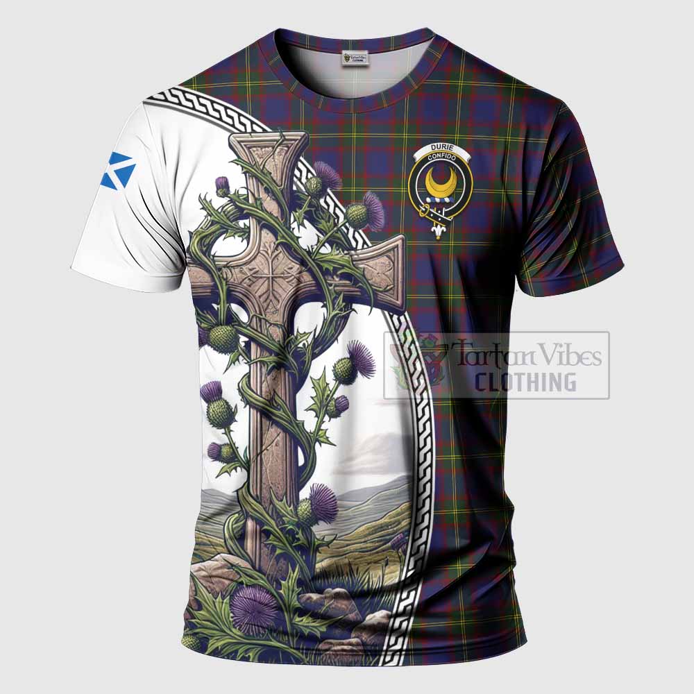 Tartan Vibes Clothing Durie Agnew Tartan T-Shirt with Family Crest and St. Andrew's Cross Accented by Thistle Vines