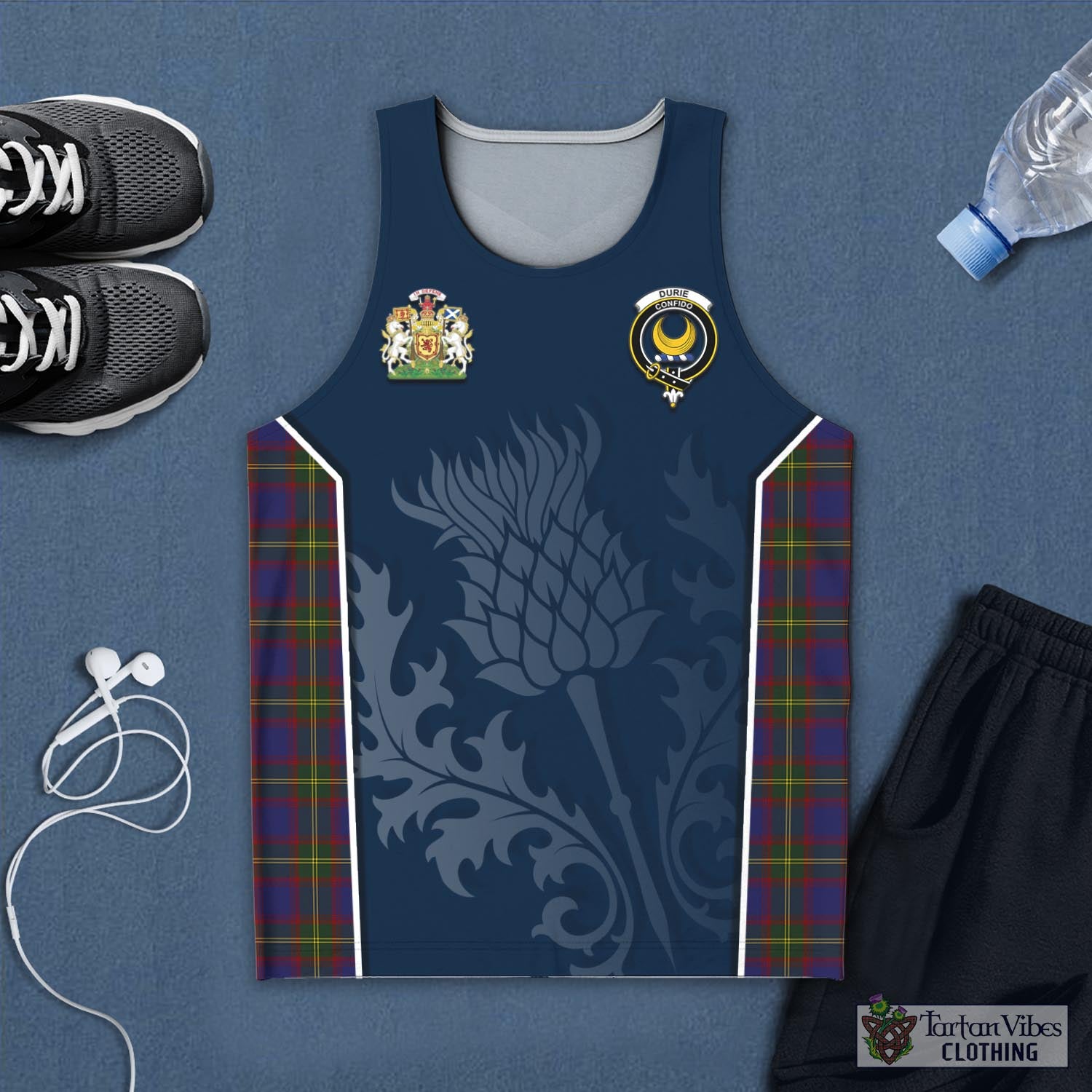 Tartan Vibes Clothing Durie Tartan Men's Tanks Top with Family Crest and Scottish Thistle Vibes Sport Style