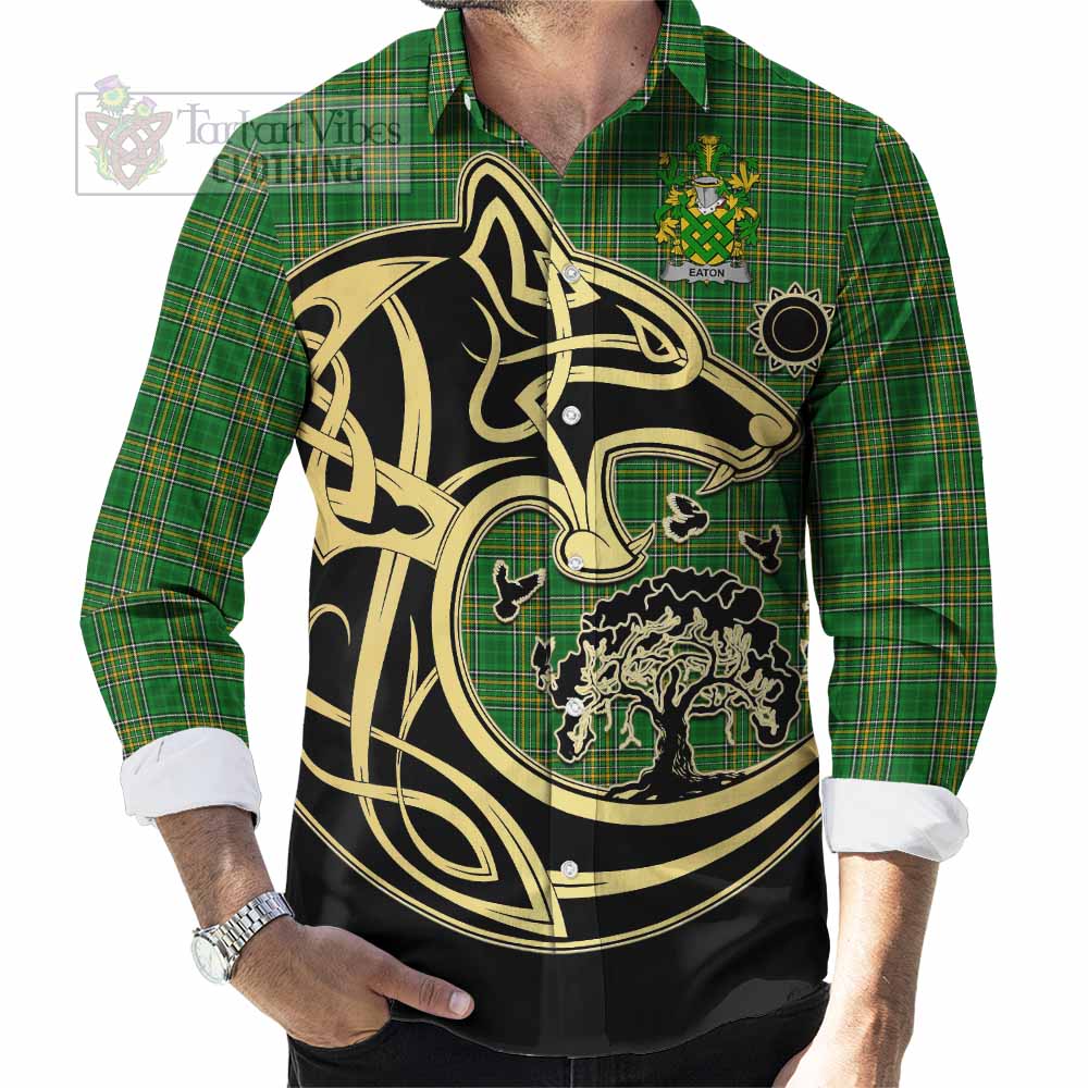 Eaton Irish Tartan Long Sleeve Button Shirt with Coat of Arms Celtic Wolf Style - Tartan Vibes Clothing