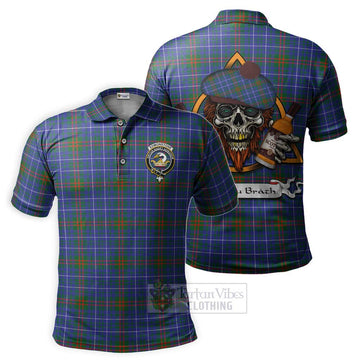 Edmonstone Tartan Polo Shirt with Family Crest and Bearded Skull Holding Bottles of Whiskey