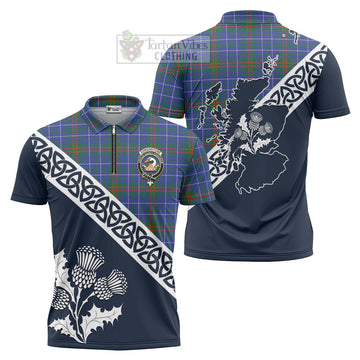 Edmonstone Tartan Zipper Polo Shirt Featuring Thistle and Scotland Map Unisex - Tartanvibesclothing Store