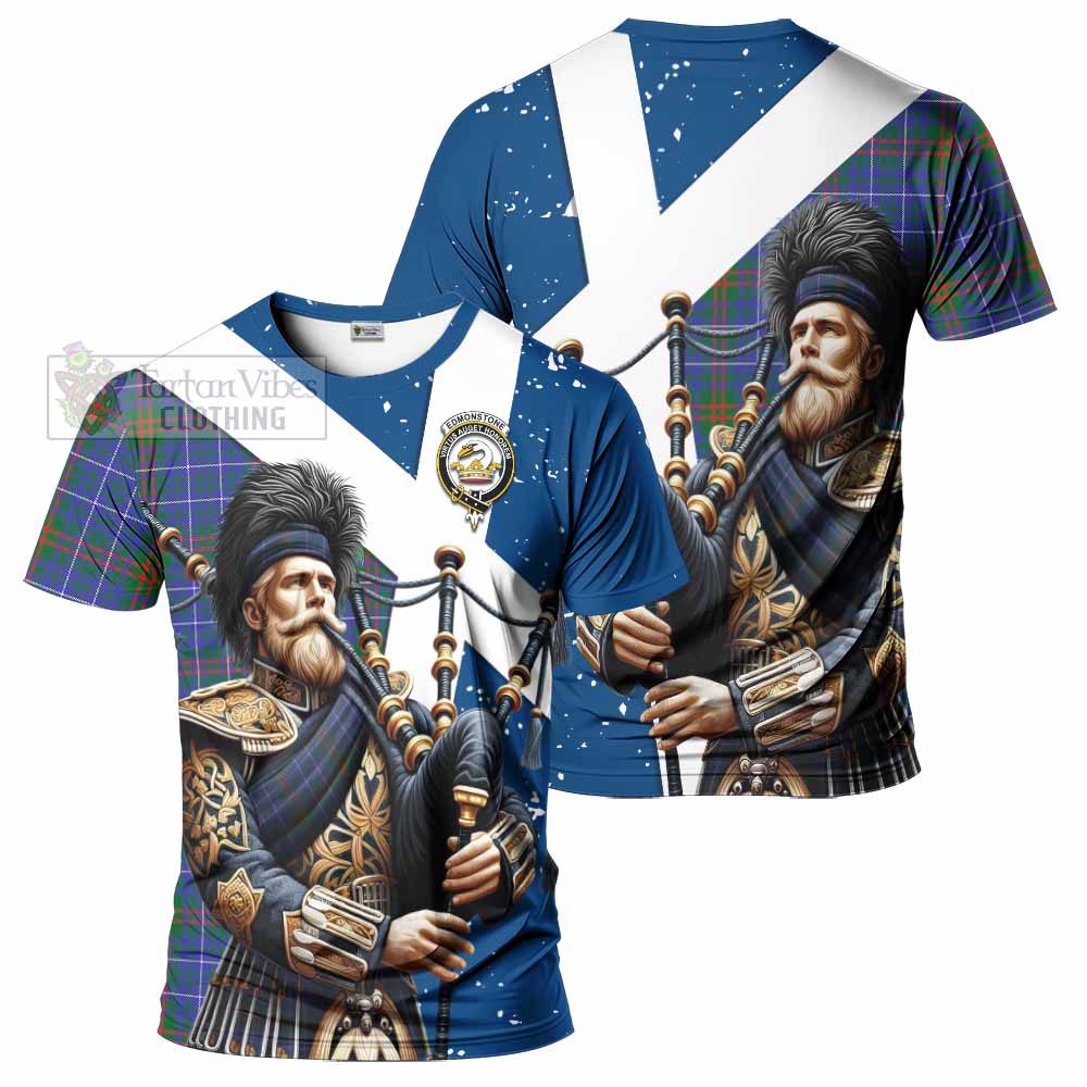 Tartan Vibes Clothing Edmonstone Tartan T-Shirt with Family Crest Scottish Bagpiper Vibes