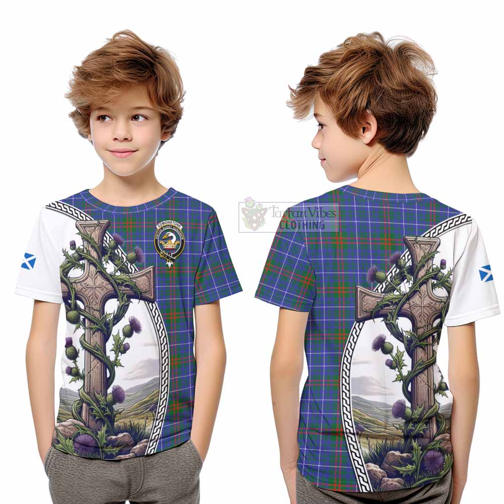 Tartan Vibes Clothing Edmonstone Tartan Kid T-Shirt with Family Crest and St. Andrew's Cross Accented by Thistle Vines