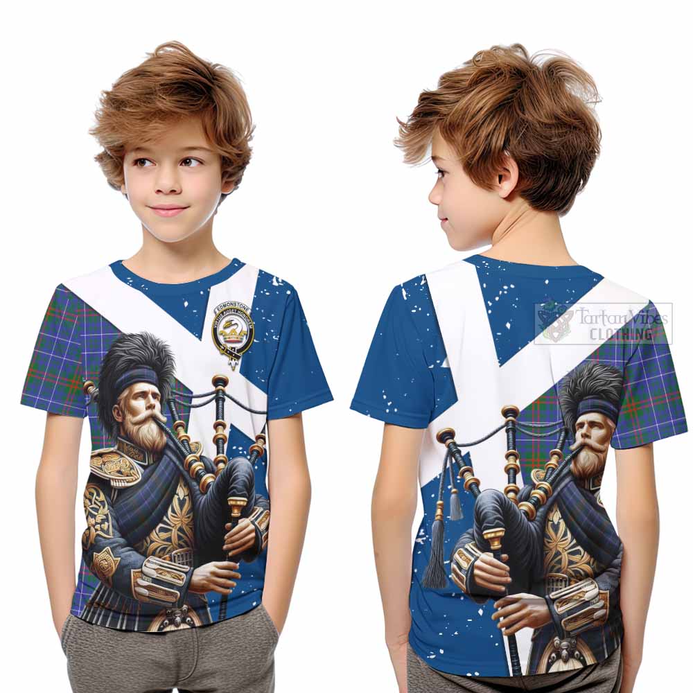 Tartan Vibes Clothing Edmonstone Tartan Kid T-Shirt with Family Crest Scottish Bagpiper Vibes