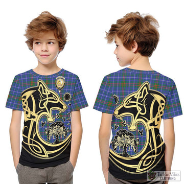 Edmonstone Tartan Kid T-Shirt with Family Crest Celtic Wolf Style