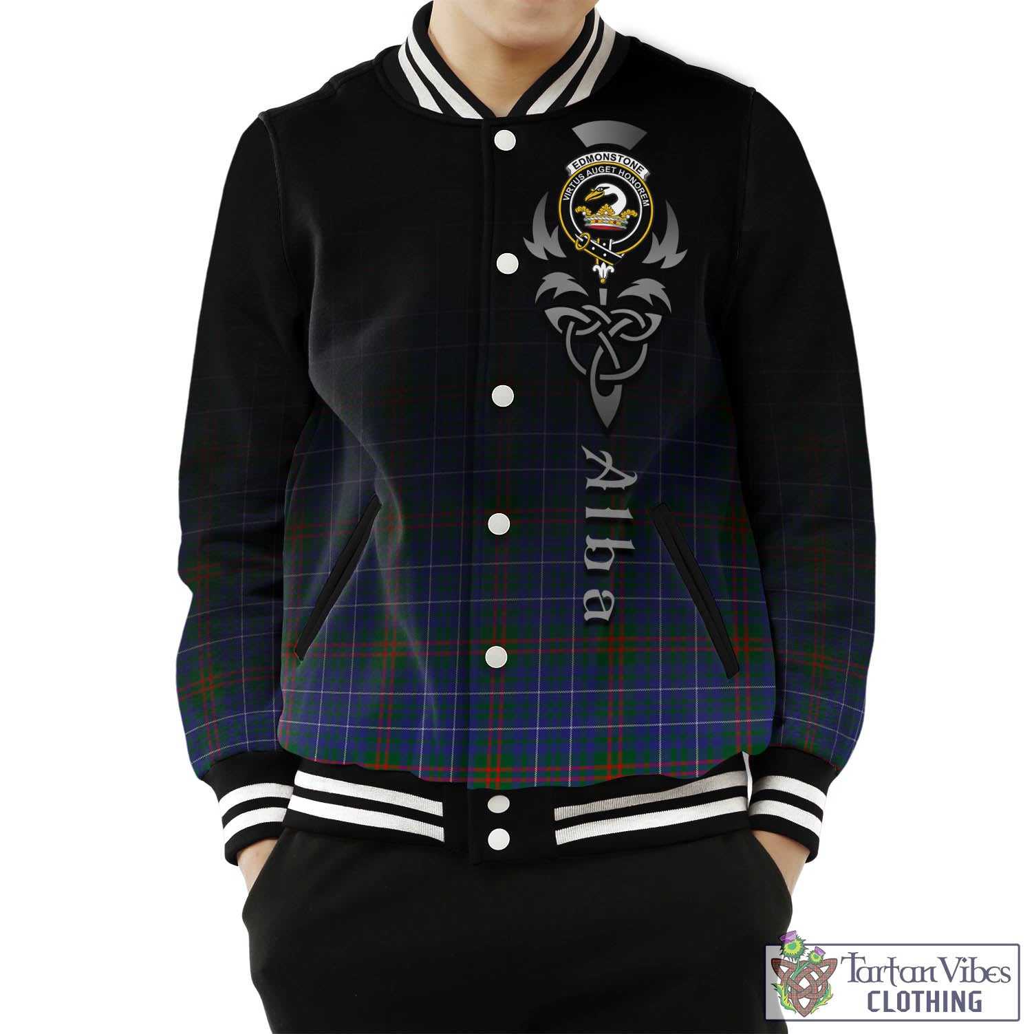 Tartan Vibes Clothing Edmonstone Tartan Baseball Jacket Featuring Alba Gu Brath Family Crest Celtic Inspired