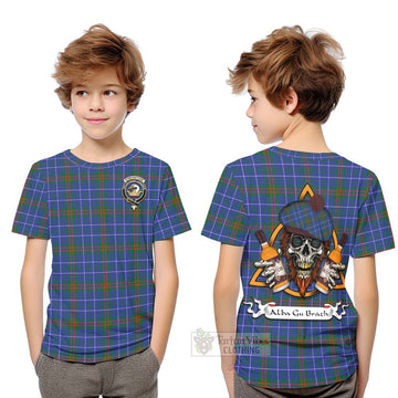 Edmonstone Tartan Kid T-Shirt with Family Crest and Bearded Skull Holding Bottles of Whiskey