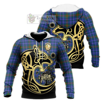 Edmonstone Tartan Knitted Hoodie with Family Crest Celtic Wolf Style