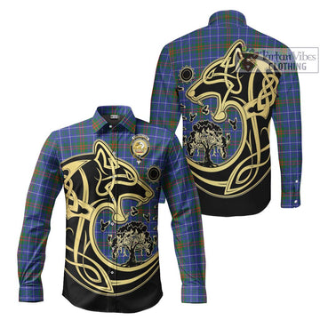 Edmonstone Tartan Long Sleeve Button Shirt with Family Crest Celtic Wolf Style