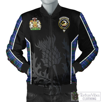 Edmonstone Tartan Bomber Jacket with Family Crest and Scottish Thistle Vibes Sport Style Unisex Black - Tartan Vibes Clothing